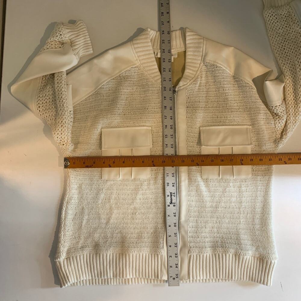 Anthropologie Cardigan Womens M Medium Cream Crochet Bomber Faux Leather Panels - Picture 8 of 14